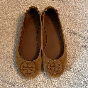 Tory Burch Camel Suede Minnie Travel Ballet Flats